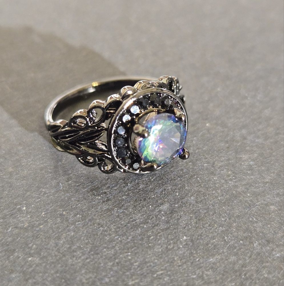 Goth style ring with rainbow color changing stone...25042